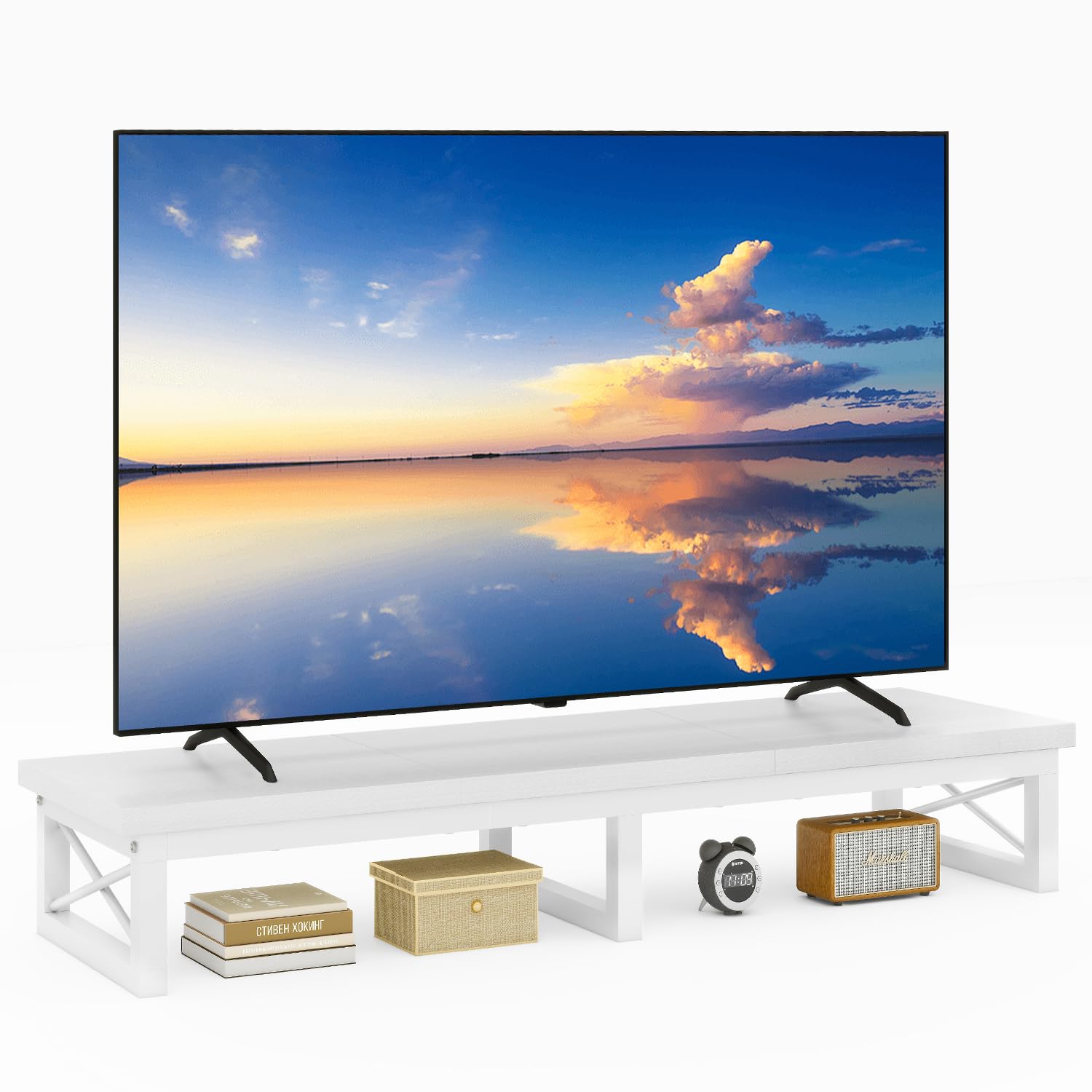 IBUYKE 32-60" Mueble TV,Mesa Televisión Estrecha con 2 balda,Doble Pantalla de Escritorio de Oficina,Mueble de TV para Hogar,Dormitorio,Sala de Estar,Blanco TVT002W