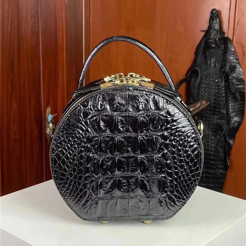 Exotic Genuine Alligator Leather Lady Round Purse Authentic Real Crocodile Skin Women Small Handbag Female Single Shoulder Bag, Black3