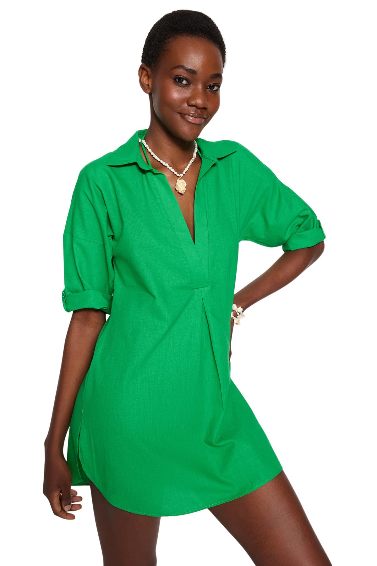 Trendyol Women Beachwear Mini Basic Relaxed fit Woven Dress,Light Green,40