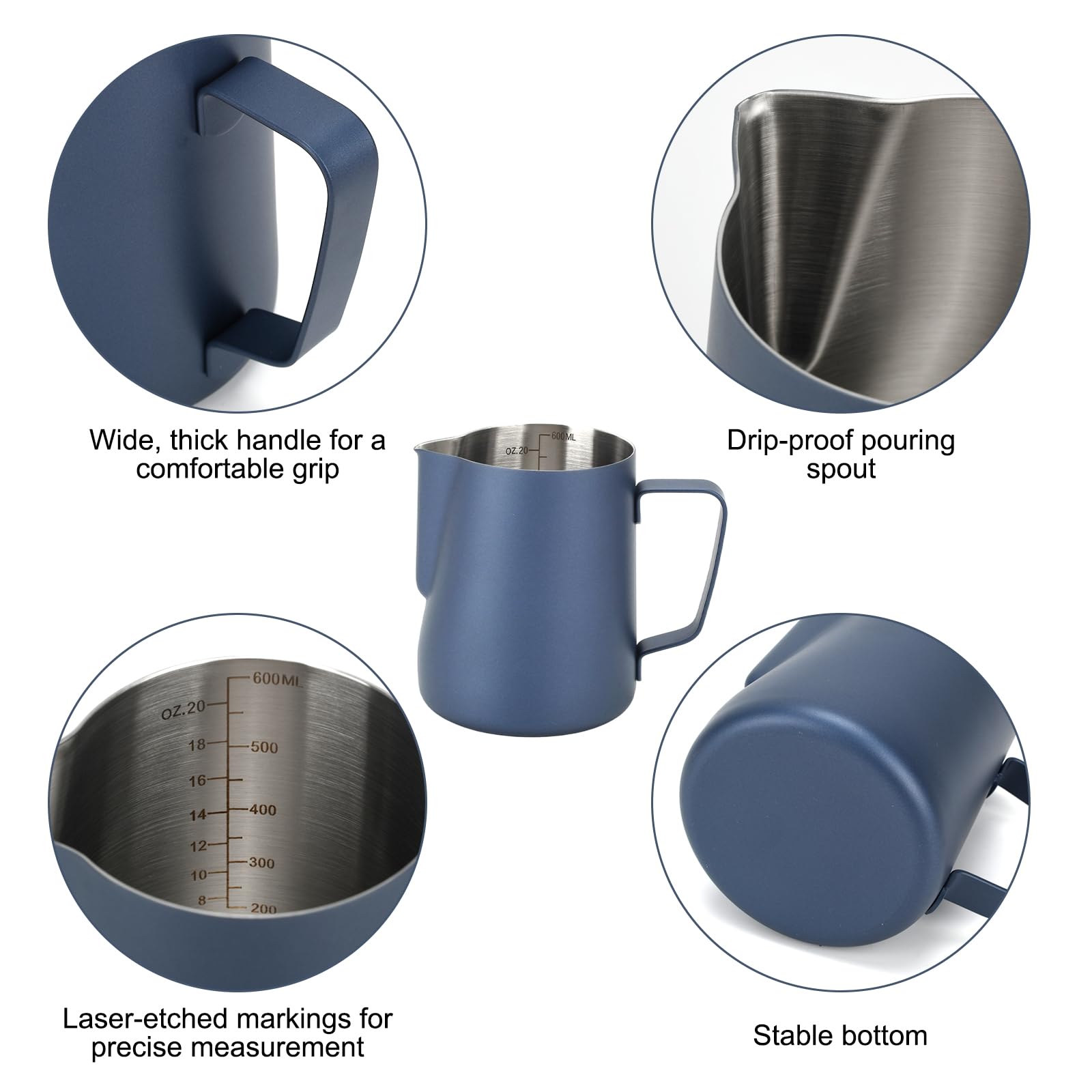 Lot de 2 pichets à mousse de lait 600 ml et 350 ml, pichet à vapeur en acier inoxydable, pour café, cappuccino, latte, accessoires de café (bleu/beige)
