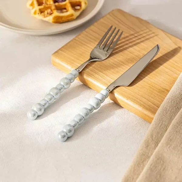 2Pcs Pearl Flatware Set, Creative Stainless Steel Flatware Pearl Ceramic Handle Silverware Tableware for Kitchen Hotel Home Steak Knife Dessert Spoon Dishwasher