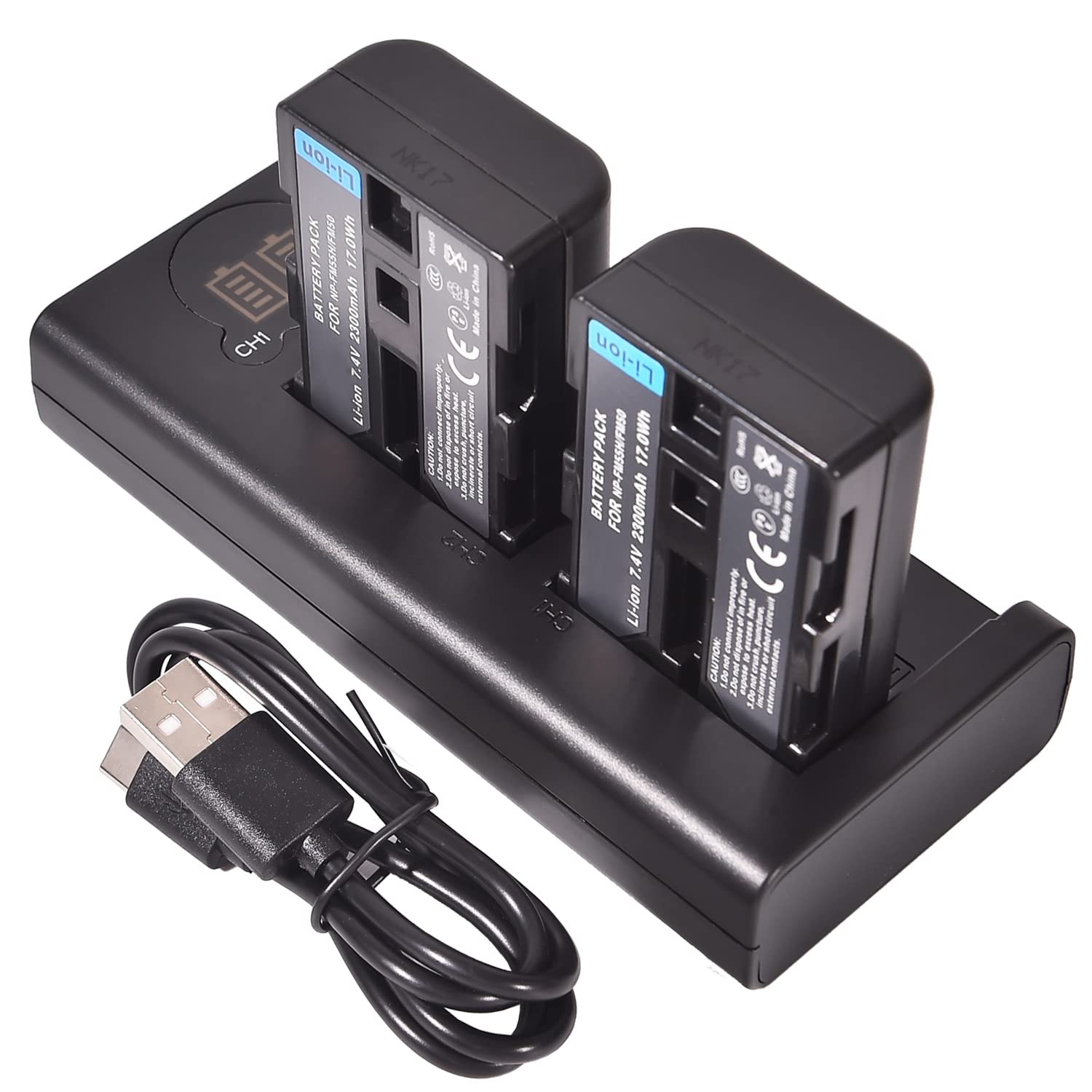 Batterie de Remplacement (Paquet de 2) et Chargeur Smart LED Dual USB Compatible pour Sony NP-FM30, NP-FM50, NP-FM51, NP-QM50, NP-QM51, NP-FM55H and Sony CCD-TR108, CCD-TR208, CCD-TR408
