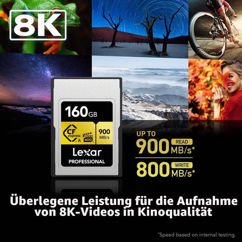 Lexar 160 GB professionelle CFexpress Typ A Gold Series Speicherkarte, bis zu 900 MB/s Lesen, 8K-Video in Kinoqualität, bewertet VPG 400 (LCAGOLD160G-RNENG)