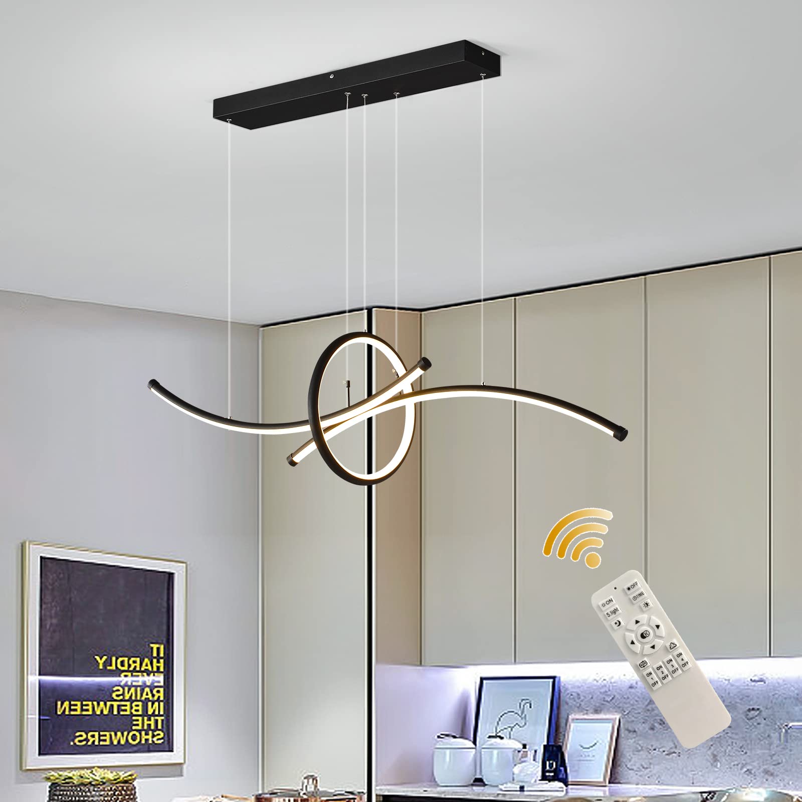 Qcyuui Modern LED Chandeliers Dimmable Pendant Lights with Remote Adjustable Height 60W Aluminium Contemporary Pendant Light Fixtures for Dining Room Kitchen Office,3-Lights,43 Inches,Matte Black
