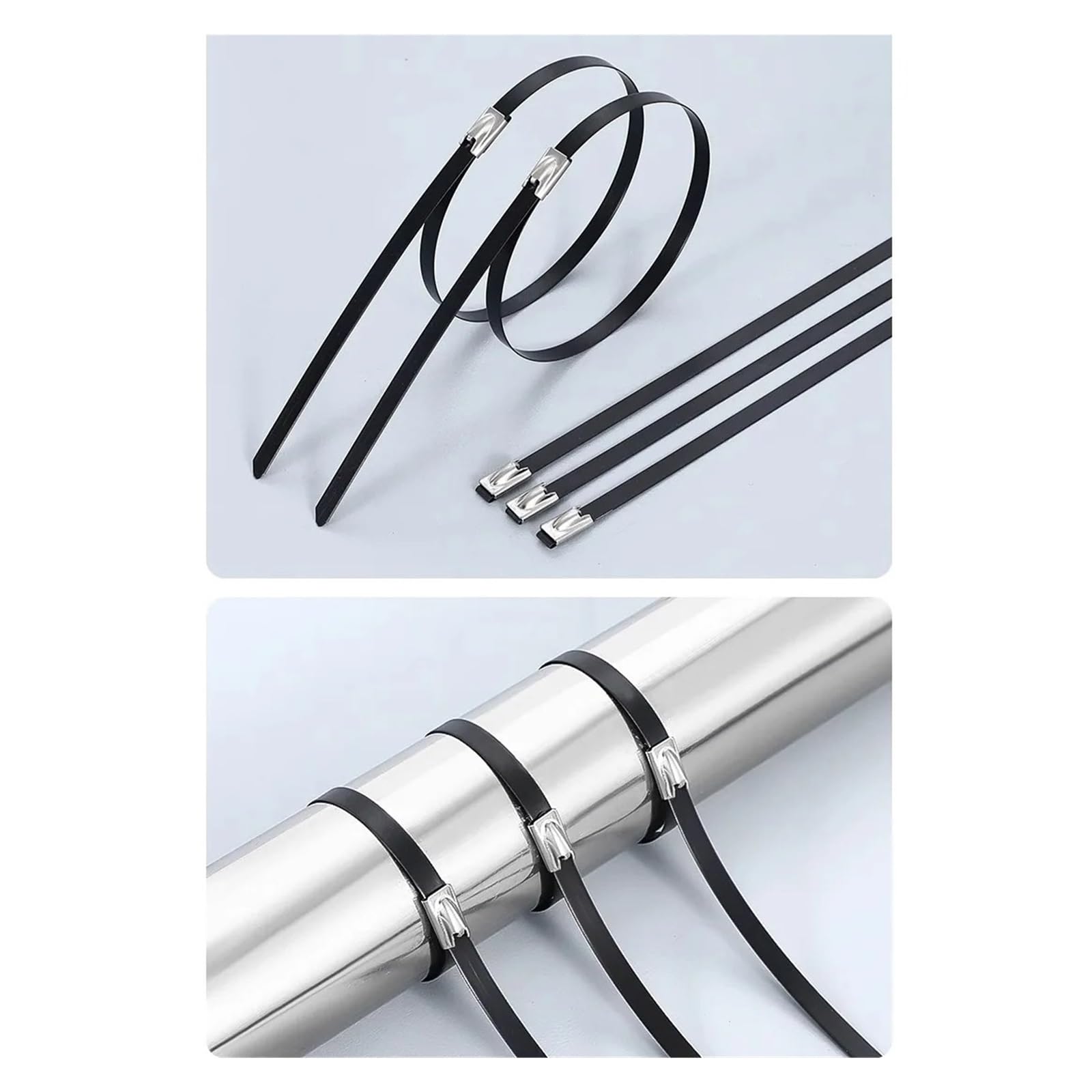Fascette fermacavi in ​​metallo con rivestimento nero da 50 pezzi 7,9 mm, fascette metalliche di scarico multifunzionali in acciaio inossidabile(7.9x1000mm)