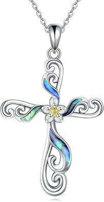 Cross Necklace for Women 925 Sterling Silver Abalone Crucifix Pendant Necklace Religious Christian Jewelry Faith Gifts for Wife