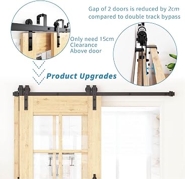 WINSOON 305cm Single Track Barn Door Bypass Track Kit for Double Barn Door,Heavy Duty Sliding Door Kit for 153cm Wide Interior Doors