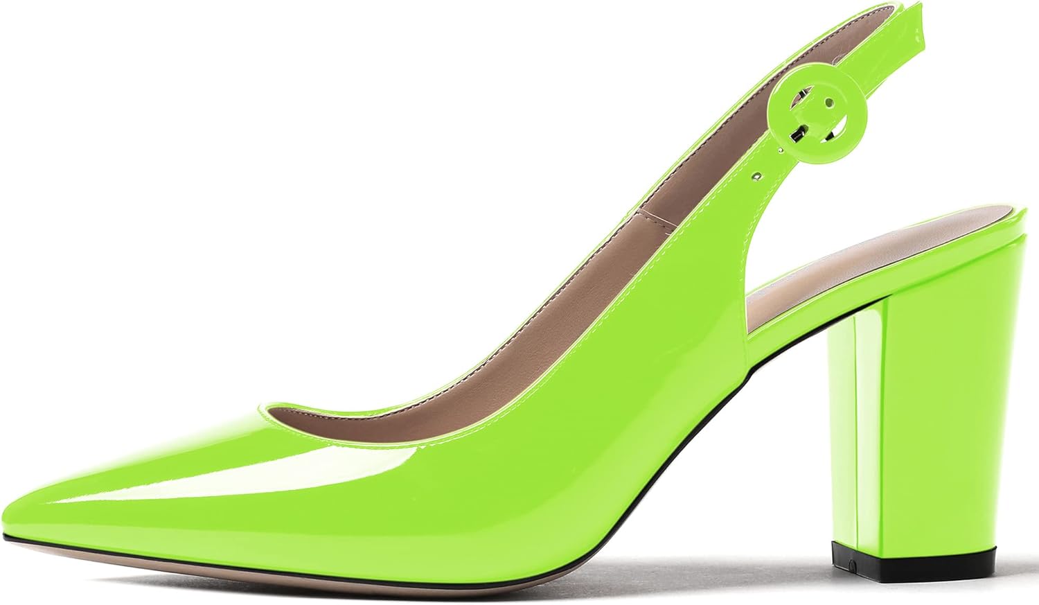 WAYDERNS Women's Thick Patent Solid Pointed Toe Slingback Buckle Ankle Strap Block High Heel Pumps Shoes 3 Inch - Image 2