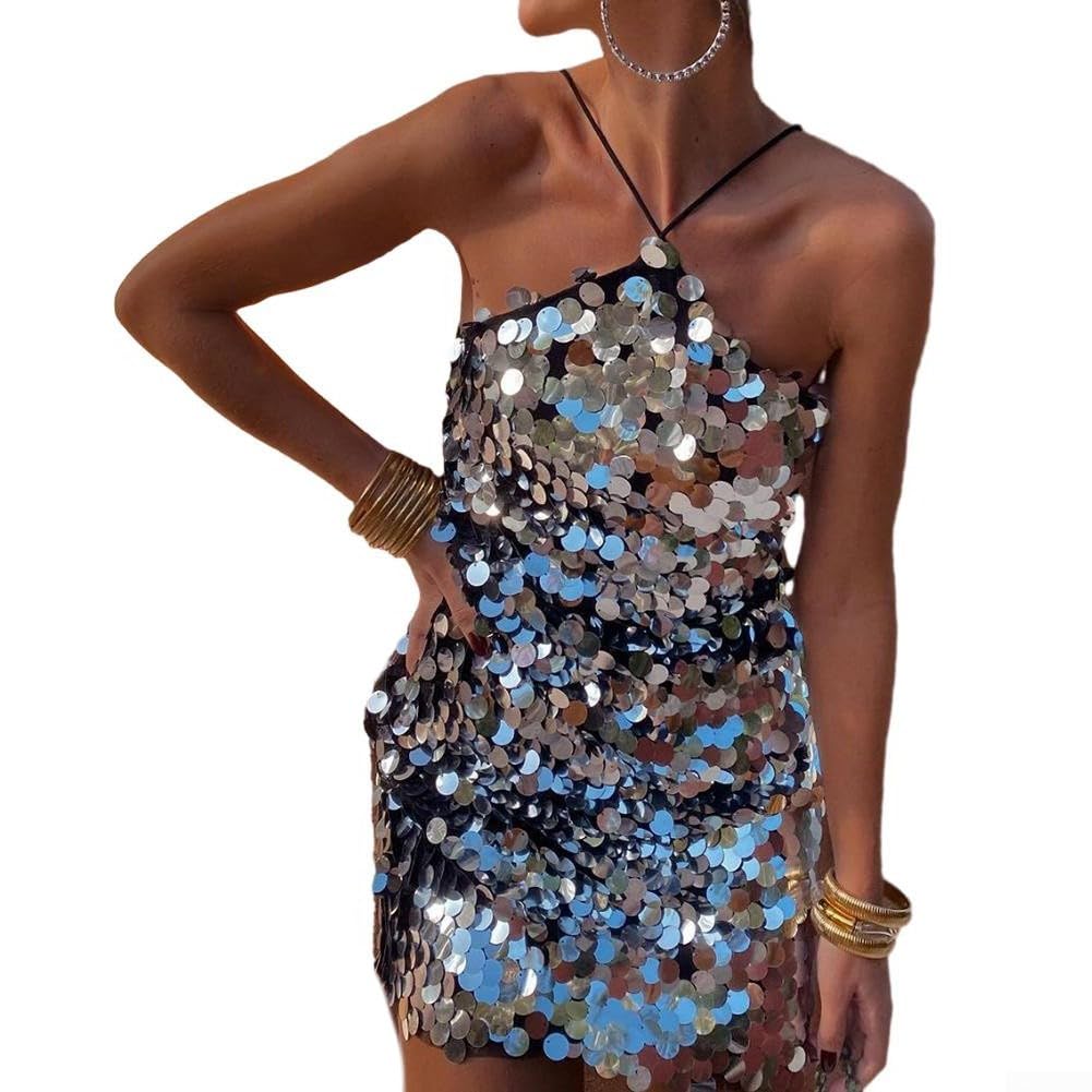 SPORTARC Elegante mini abito da donna con paillettes, con scollo all'americana, ideale per discoteche ed eventi sociali
