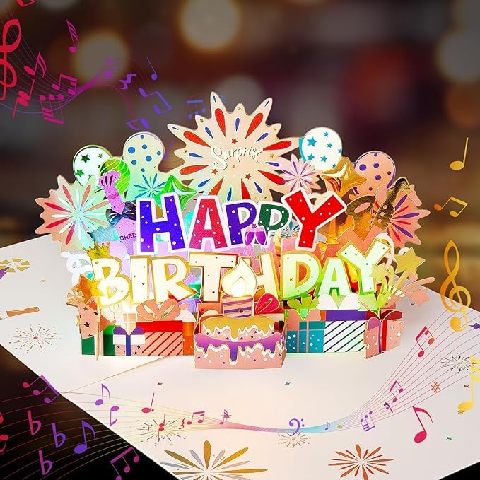 SELLORIA Large Birthday Card, Musical & Light Happy Birthday Card with Blow-out Candle, 3D Pop Up Birthday Card for Men Women Husband Wife Sister, Greeting Card Birthday Gift For Everyone,