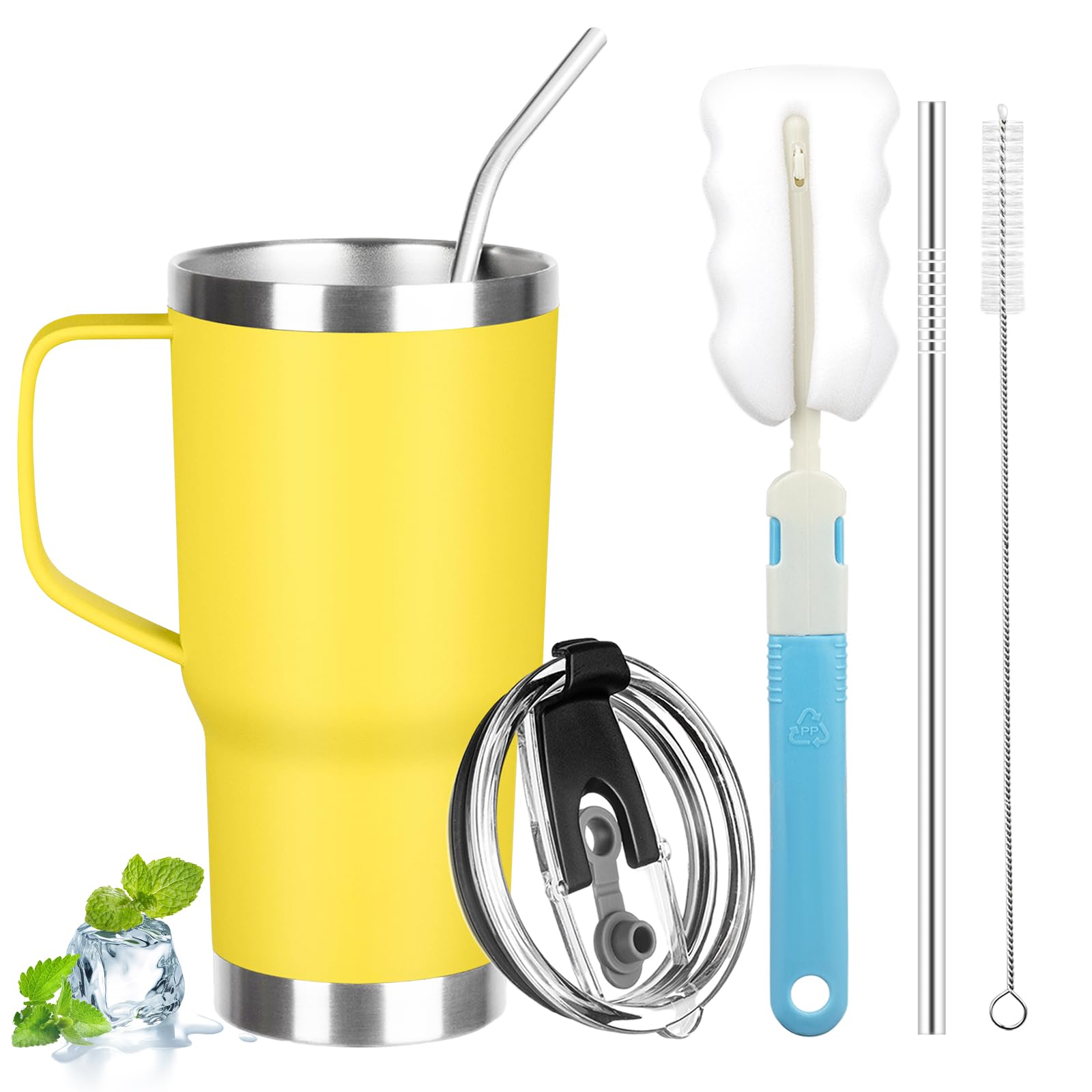 20 oz Tumbler with Handle, Stainless Steel Insulated Tumbler with Lid and Straw, Double Wall Vacuum Coffee Mug Tumbler, Insulated Coffee Thermal Cup for Cold and Hot (Yellow, 20 Ounces)