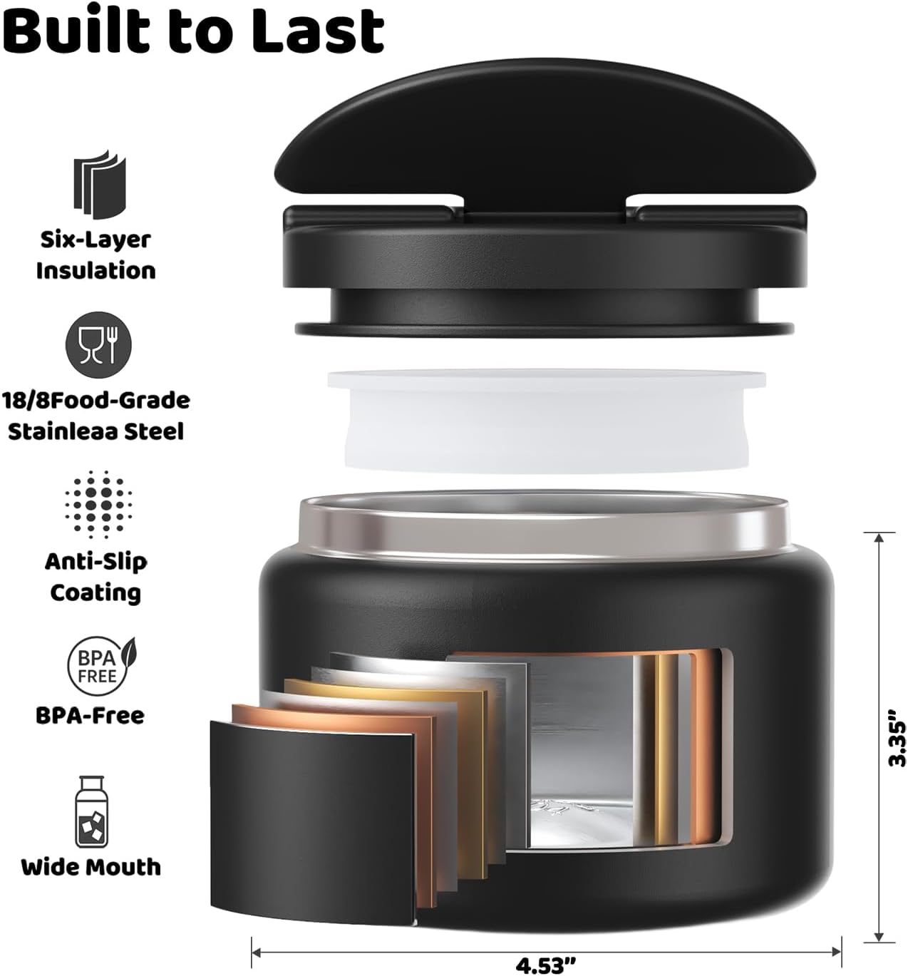 14.5oz Soup Thermo for Hot Food Kids Vacuum Insulated Food Jar Twist-Free Soup Thermo for Hot Food Kids Leakproof Stainless Steel Wide Mouth Lunch Container (Black)