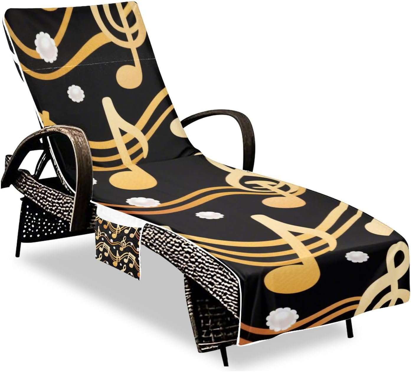 Gold and Black Musical Note Chaise Lounge Cover Soft Patio Chaise Lounge Chair Towels with Pockets for Outdoor Pool Beach Sunbathing, 85" X 30"