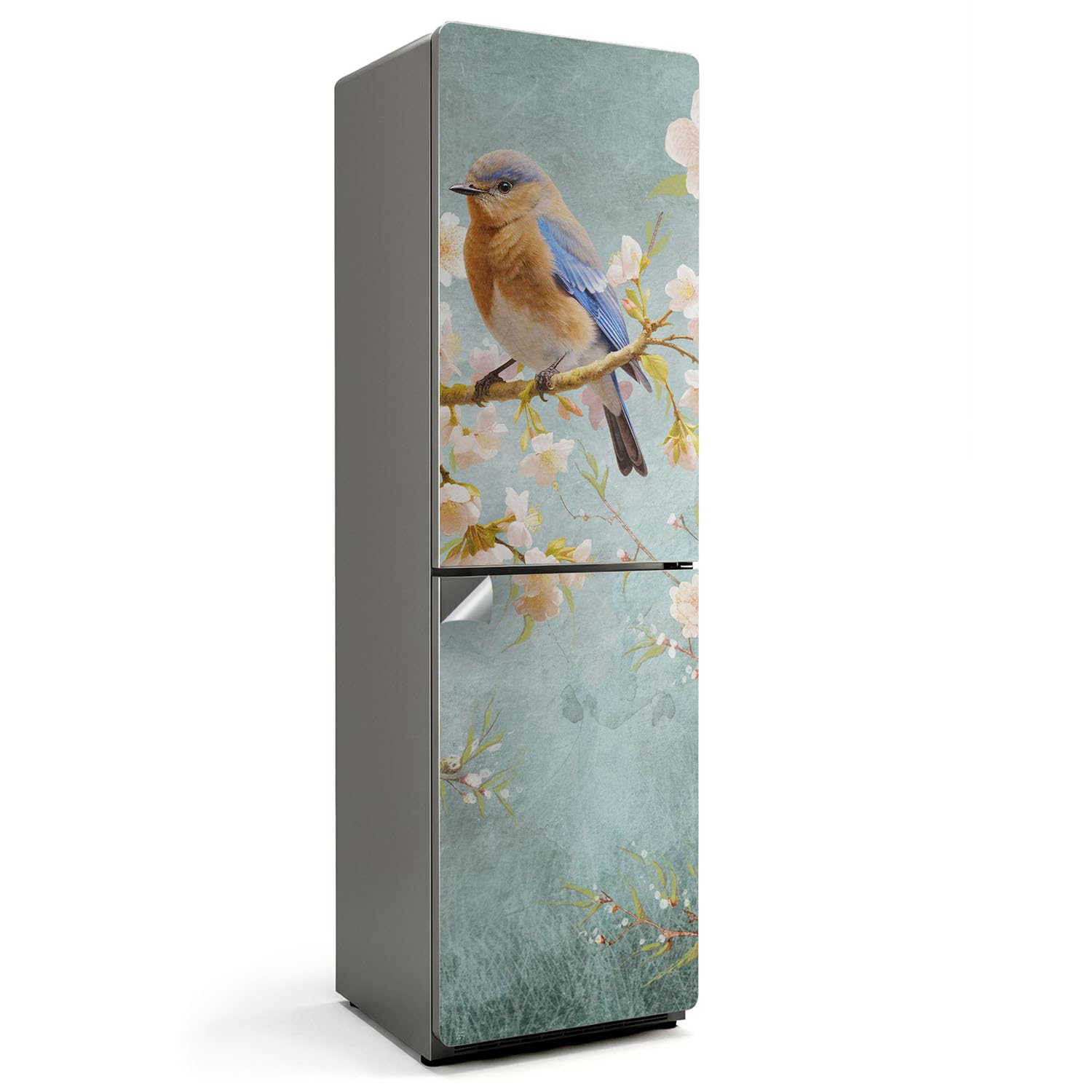 Stickers pour réfrigérateur cuisine couvrant entièrement un frigo abîmé avec décor oiseau fleurs