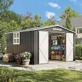 OneBlis 10x10FT Outdoor Storage Shed, Tool Shed with Sloping Roof and Lockable Door, Galvanized Metal Shed for Backyard Garden Patio Lawn, Black