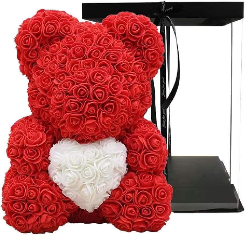 Ours de rose avec cœur rouge 40 cm, grand ours en peluche floral blanc pour cadeau de couple