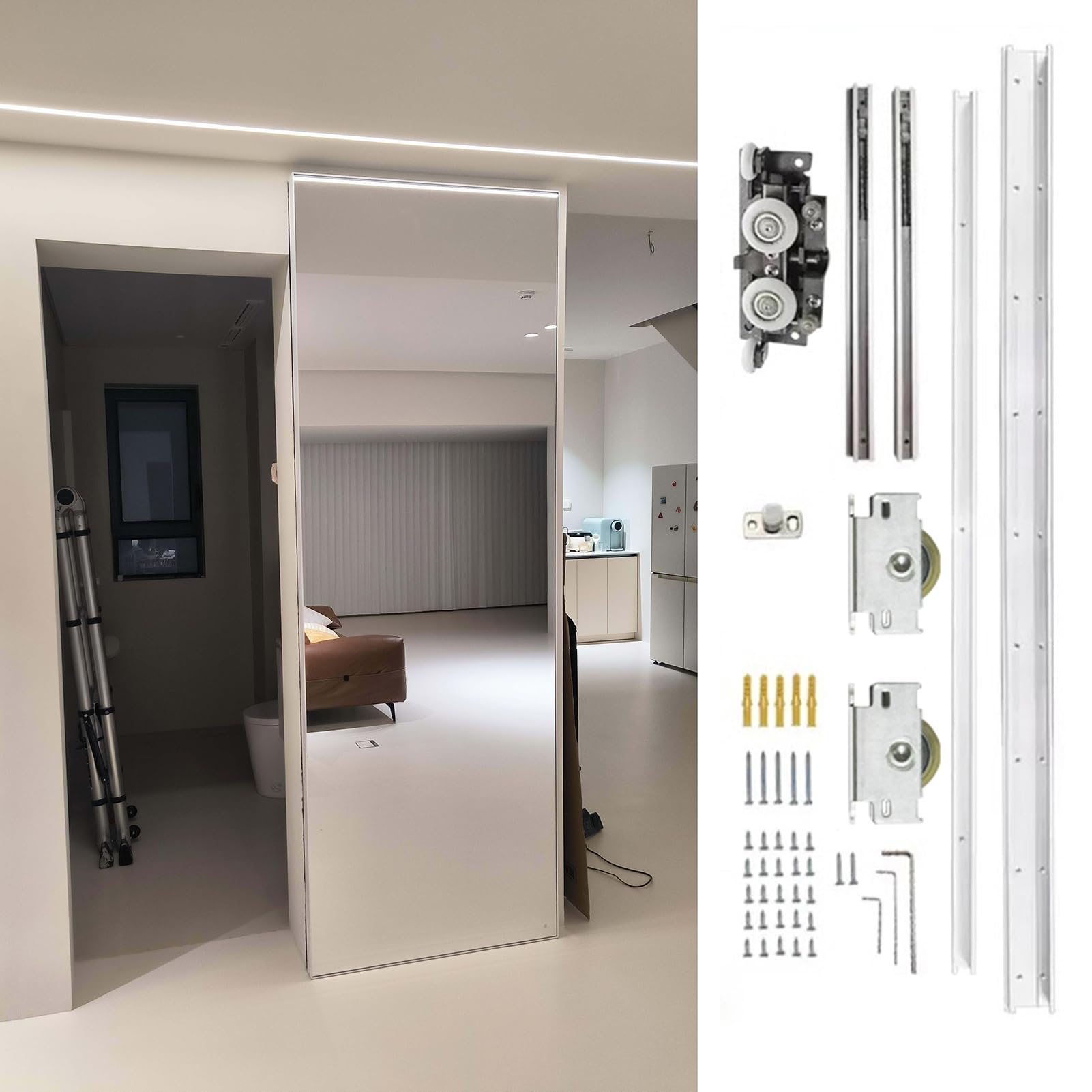 Binario per Porta Scorrevole Binario Invisibile per Porta Scorrevole a Specchio, Ferramenta per Porta a Battente con Chiusura Ammortizzata, Binario per Porta a Scomparsa(32in/81cm)