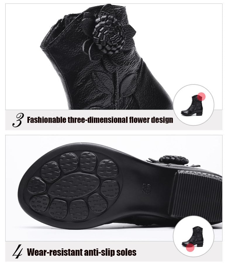 Cubicbee Women's Retro Handmade Flower Leather Ankle Boots Ethnic Floral Round Toe Block Low Heel Mid Calf Boots with Side Zipper4