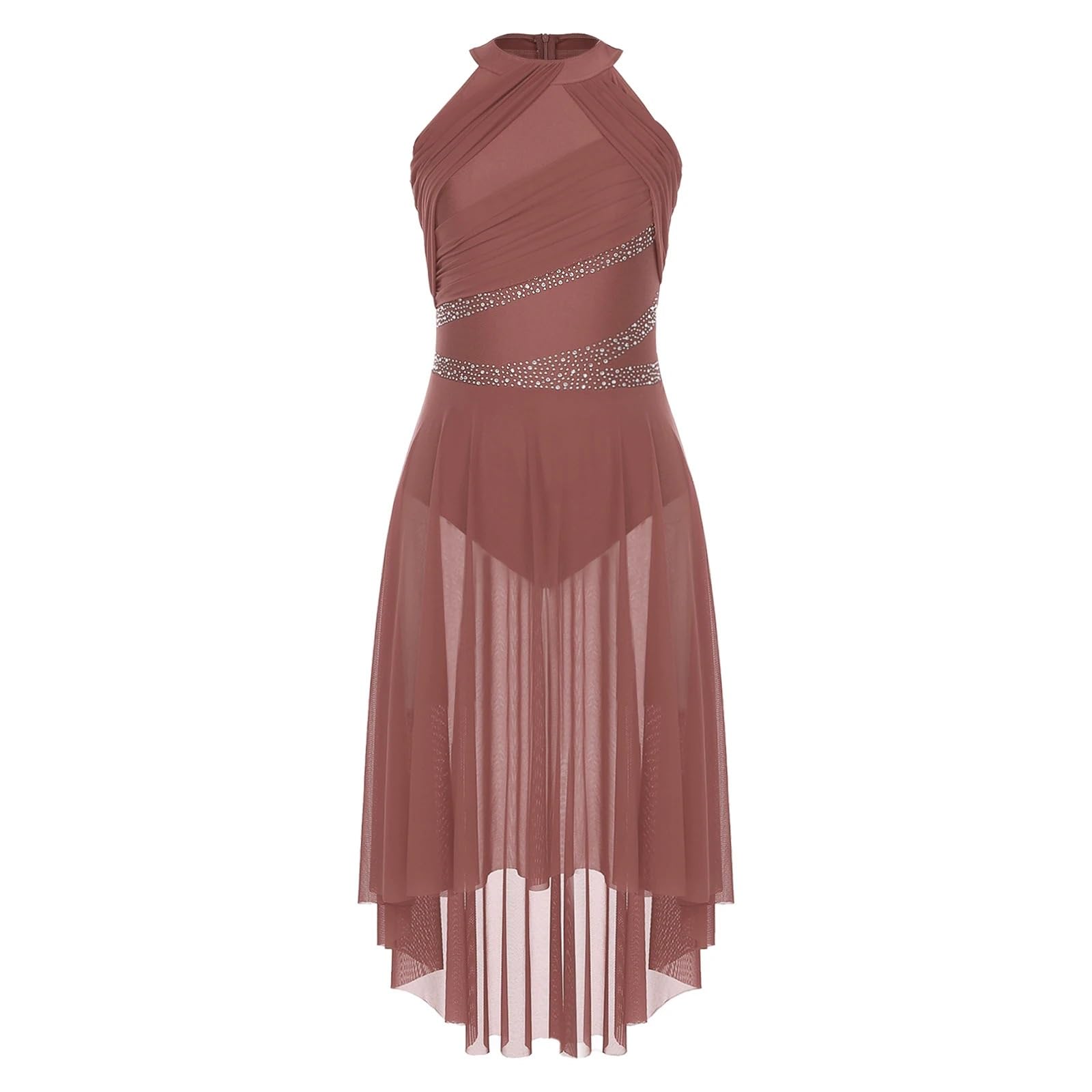 Kostüme für Lyrischen Tanz Ballett Lyrical Zeitgenössisches Tanzkleid Neckholder Mesh Gymnastik Trikot Strass gerüscht Performance Kostüm Damen