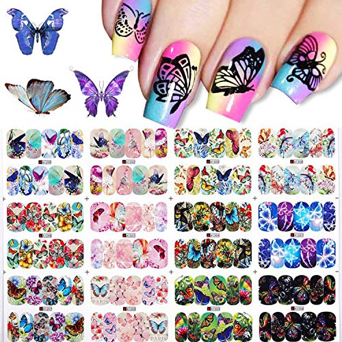 Butterfly Nail Art Stickers Water Transfer Nail Decals for Nail Art Colorful Flowers Butterflies Designs for Women Nail Art Foils Manicure DIY Tips Nail Arts Supply (12 PCS)