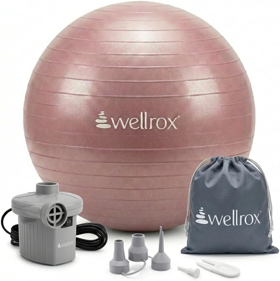Wellrox Exercise Ball with Electric Pump - 55cm Anti-Burst Yoga Ball for Pregnancy, Pilates, Fitness & Physical Therapy, Home Gym Balance Chair for Office Desk