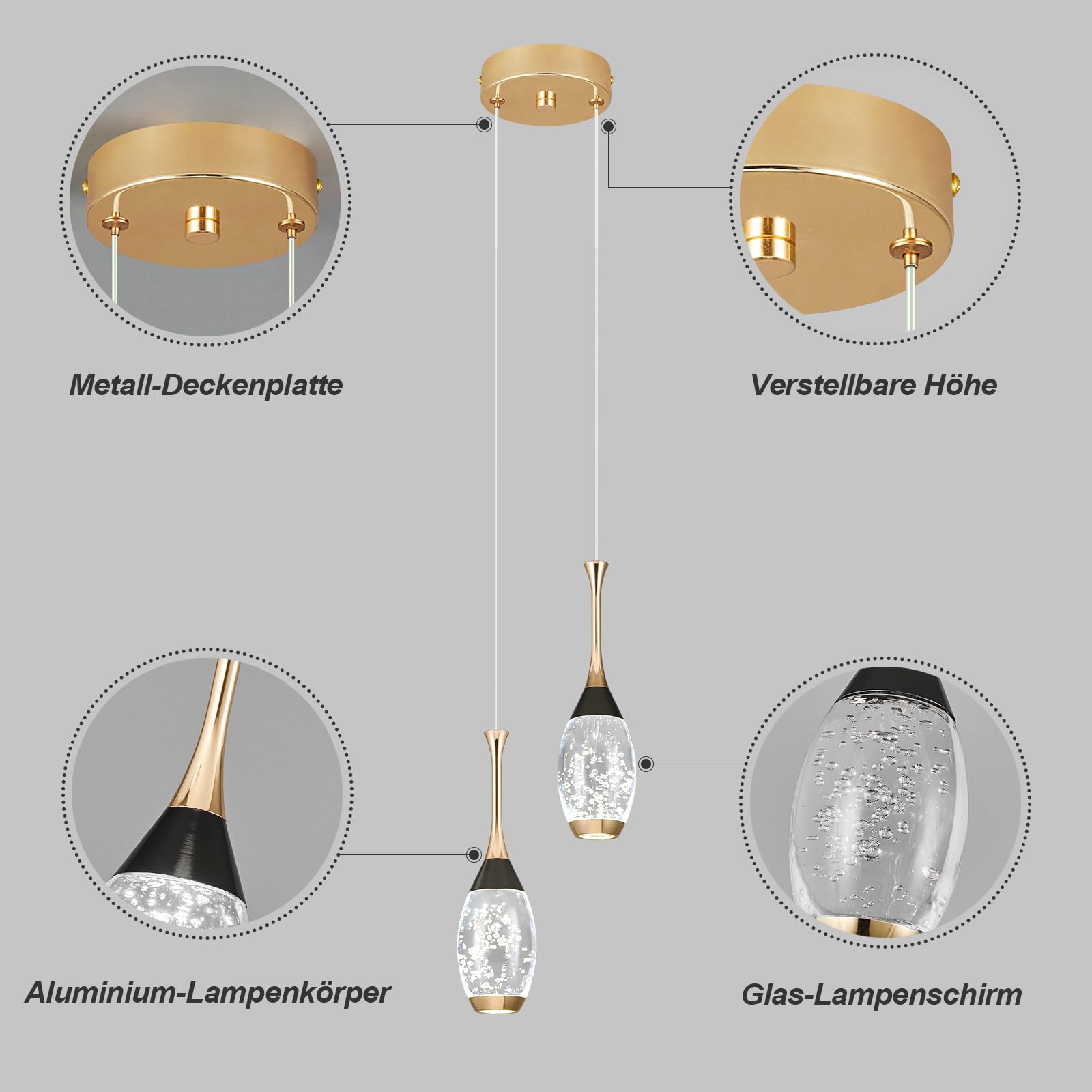 Moderne Schwarz-Gold-Hängeleuchte 2 Flammig LED-Deckenleuchten Mini Teardrop Kristall Pendelleuchte für Küche Insel Schlafzimmer Flur Eingang Hängelampe Höhenverstellbar