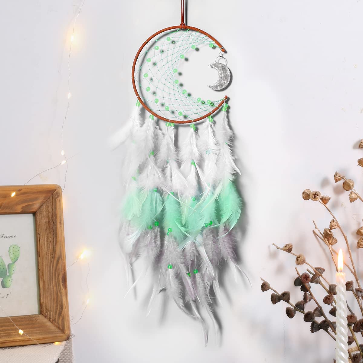 Nice Dream Green Grey Moon Dream Catcher for Girls, Baby Nursery Decor Handmade Feather Wall Decor Hanging for Bedroom Home Ornaments