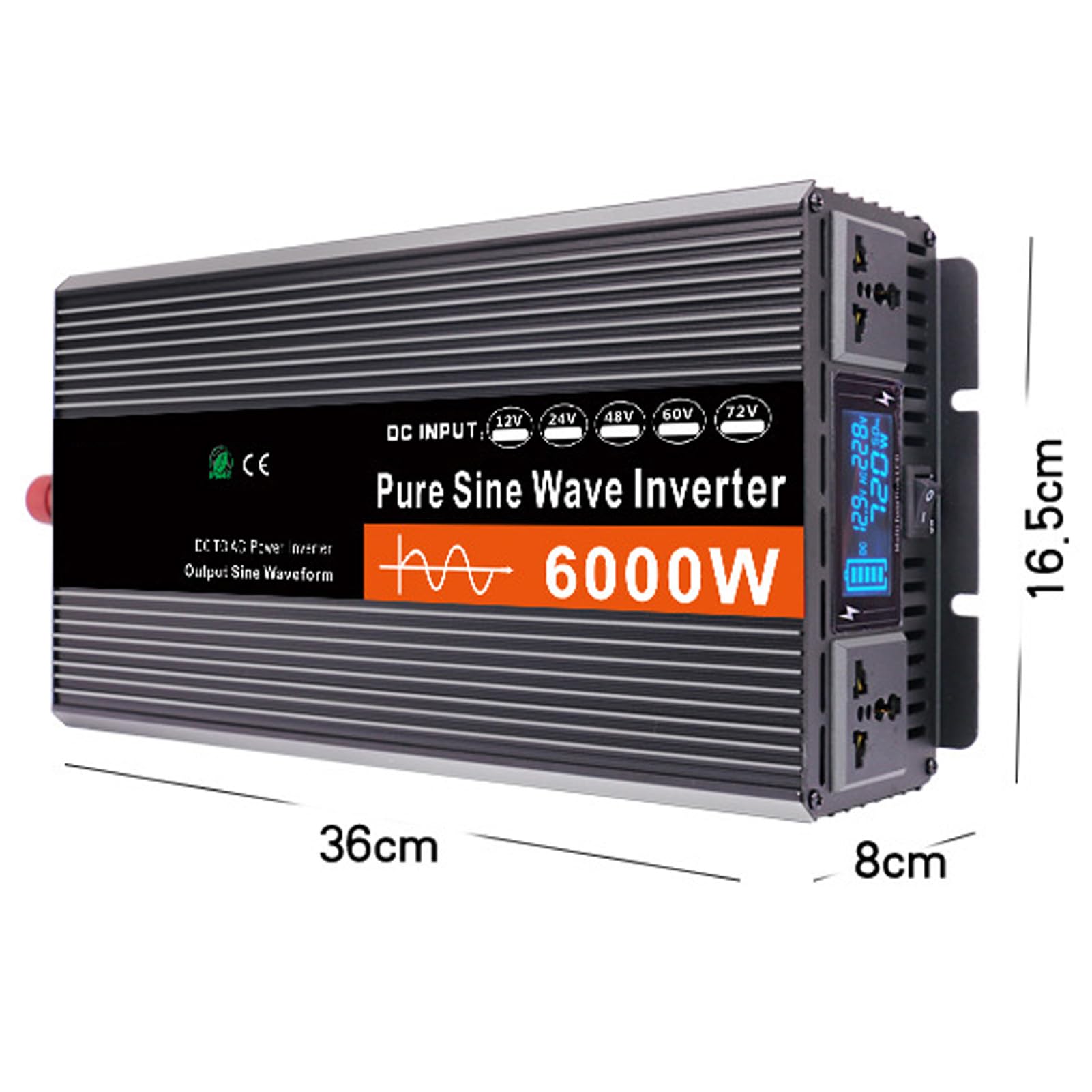 Inverter a Onda Sinusoidale Pura da 6000W CC 12V/24V/48V/60V/72V, Ingresso CC, Uscita CA, Convertitore Inverter Solare a Bassa Frequenza 110V/240V con Display a LED e 2 Prese CA(Size:24v to 110v)