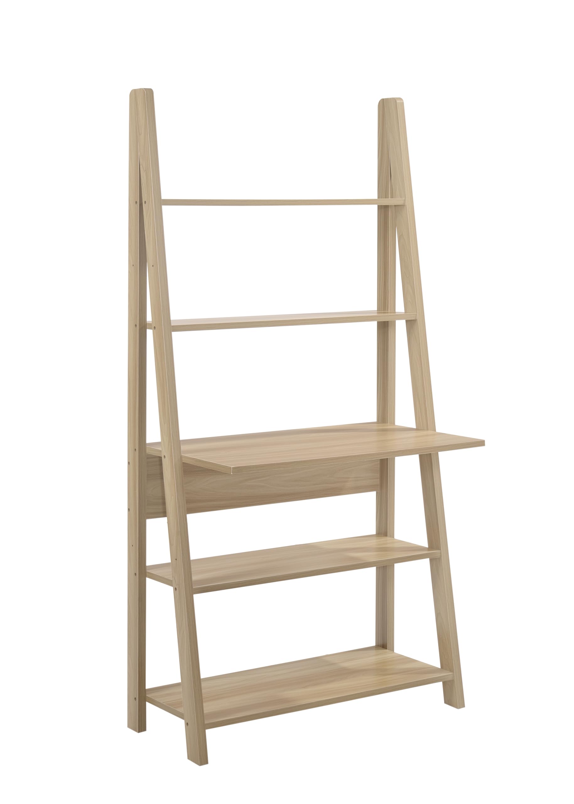 Tall Ladder Desk with Five Tier Shelves, Oak Finish