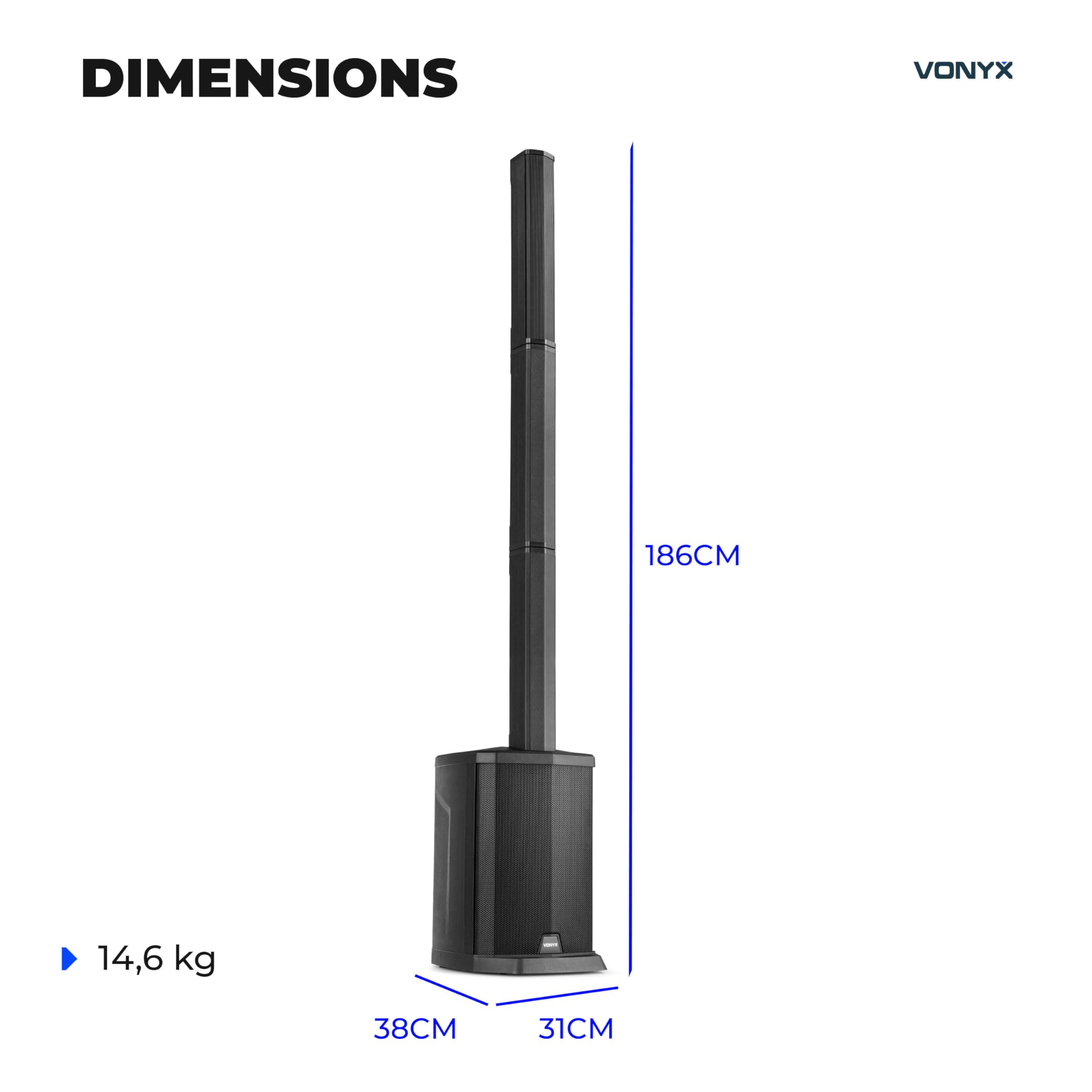 VONYX VX808B Enceinte Colonne Active 320W sur Batterie BT avec Contrôle Audio Intégré, Sono Portable DJ Extérieur et Animation