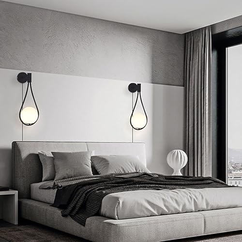 Miniatura 7 de BOKT Lámpara de pared de cristal moderna para colgar en la pared, apliques negros para dormitorio de mediados de siglo, luz de pared con enchufe