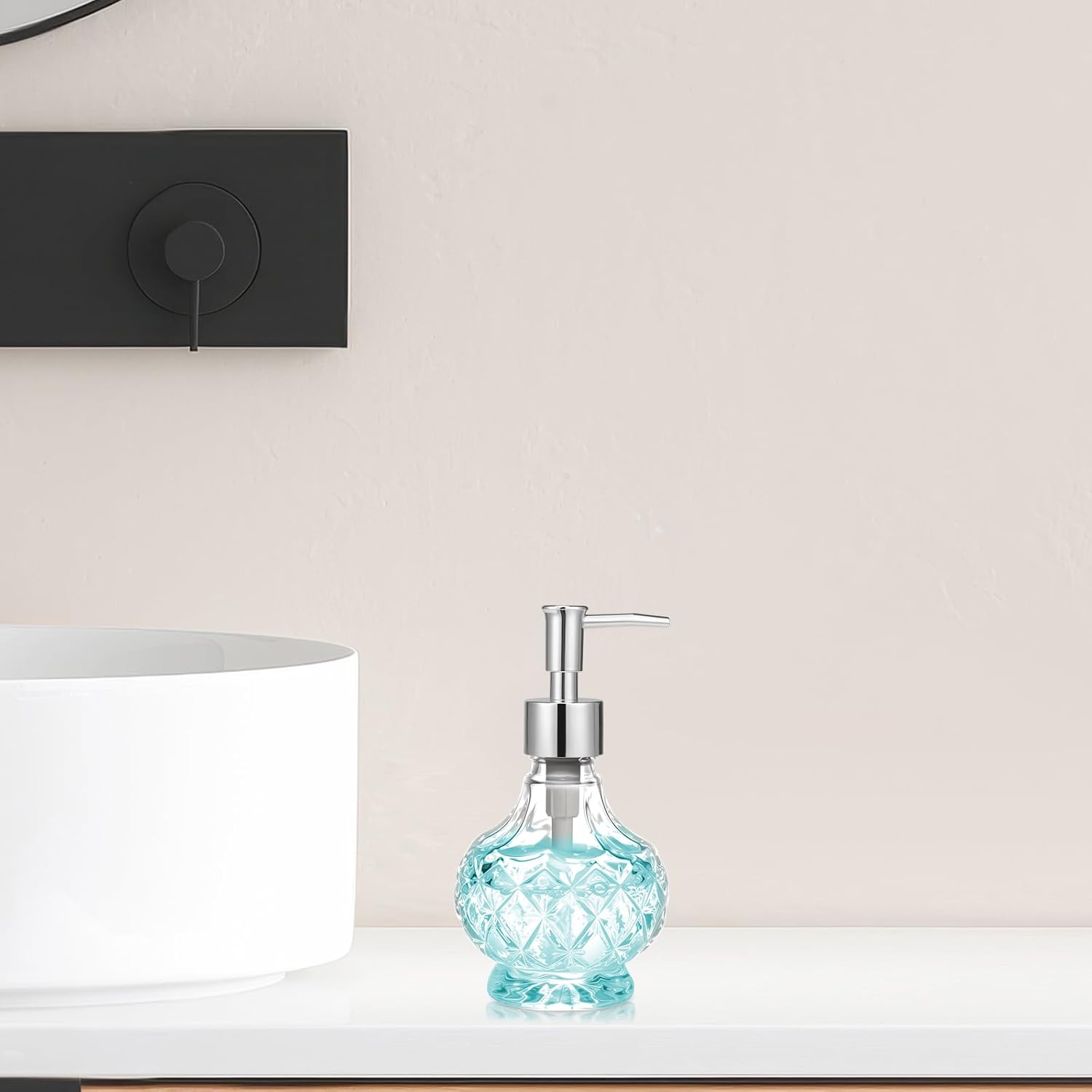 Glass Liquid Soap Dispenser Bathroom, Clear Crystal Design 8.5oz Kitchen Vintage Reusable Soap Dispenser with Rust-Proof Plastic Pump - Image 3