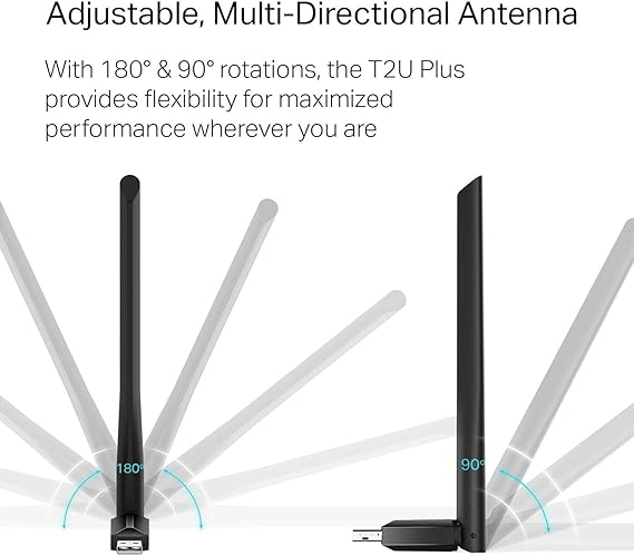 TP-Link AC600 USB WiFi Adapter for Desktop PC (Archer T2U Plus)- Wireless Network Adapter for Desktop with 2.4GHz, 5GHz High Gain Dual Band 5dBi Antenna, Supports Win11/10/8.1/8/7/XP, Black