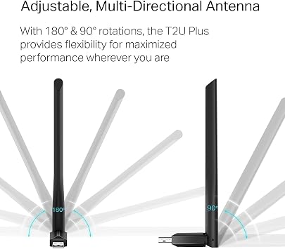 TP-Link AC600 USB WiFi Adapter for Desktop PC (Archer T2U Plus)- Wireless Network Adapter for Desktop with 2.4GHz, 5GHz High Gain Dual Band 5dBi Antenna, Supports Win11/10/8.1/8/7/XP, Black