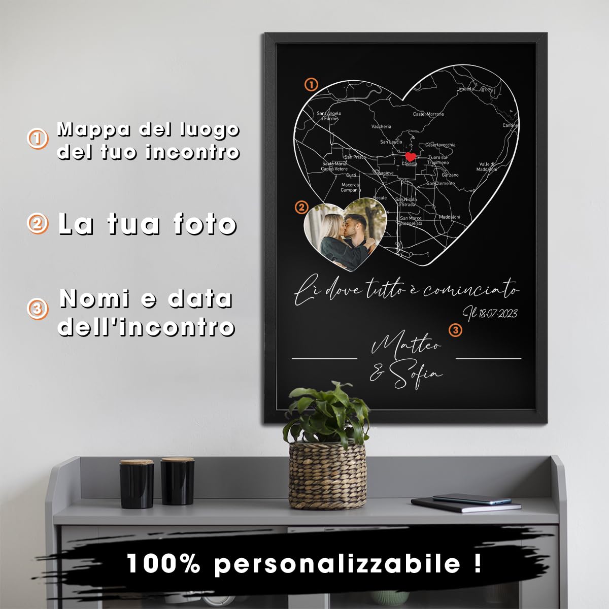 Personalizzato Poster Coppia Cuore Dove tutto è iniziato Luogo Incontro Data Foto Regalo Uomo Donna San Valentino