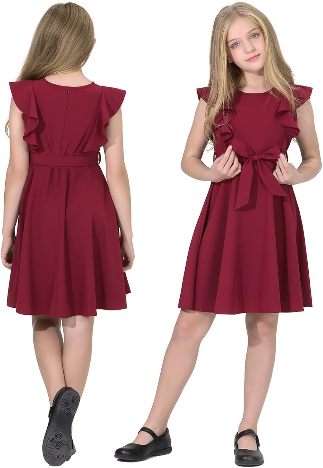 Quedoris Girls Ruffle Trim Dress Print and Solid Color A-line Swing Flared Belted Casual Party Dress with Zipper - Image 4