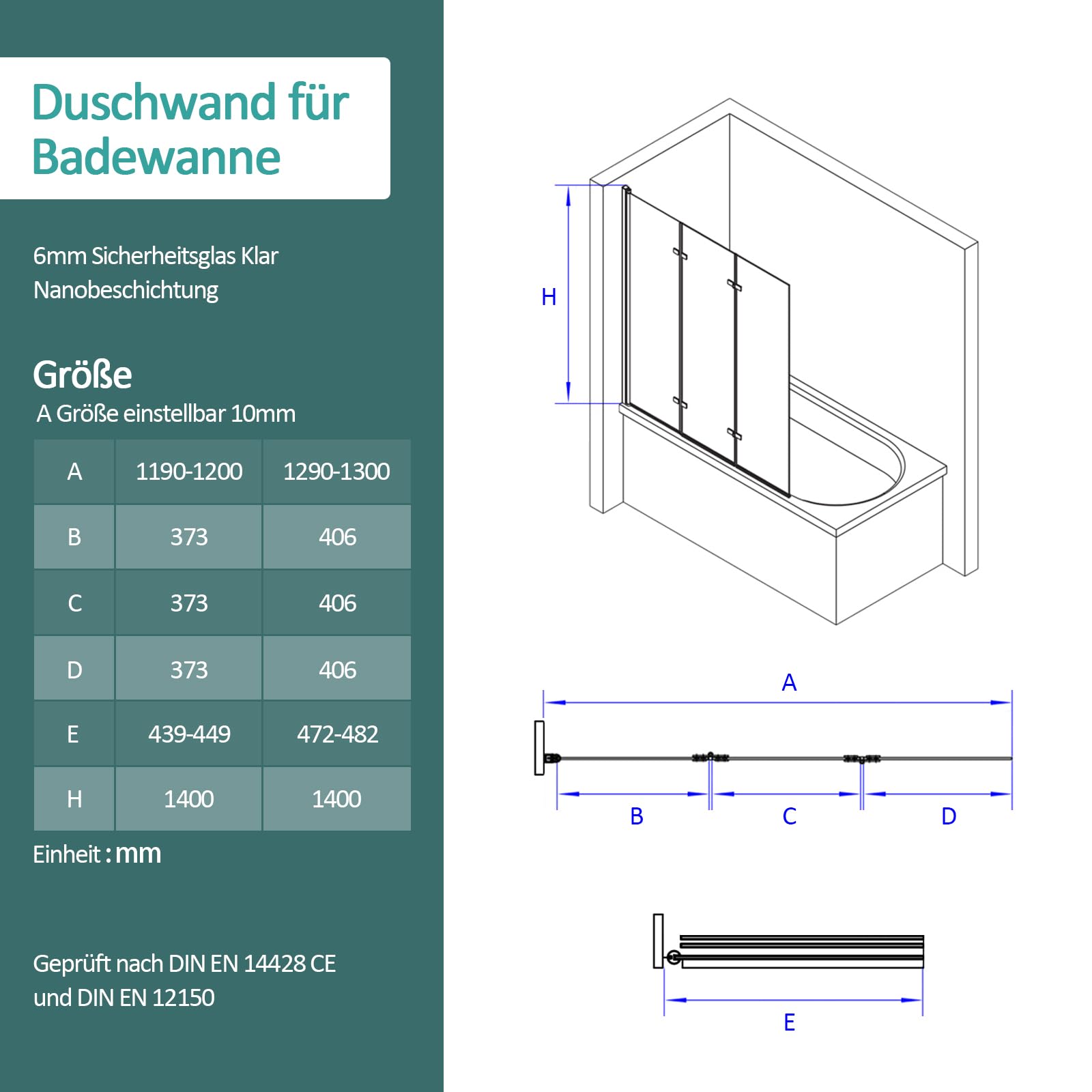 EMKE Duschtrennwand für Badewanne 130x140 cm, Duschwand für Badewanne Faltbar Faltwand Duschabtrennung Badewannenaufsatz 3 teilig 6 mm Sicherheitsglas Duschwand Badewannen Badewannenfaltwand