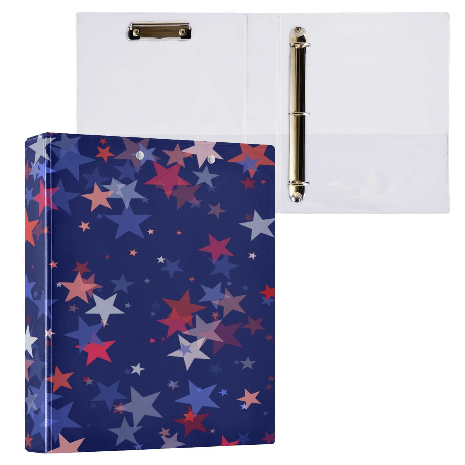 SKYSHU Patriotic Star - Raccoglitori a 3 anelli rotondi con 3 tasche interne in PVC trasparente, impermeabili, robusti, con clip in metallo antiscivolo, raccoglitori versatili per 200 fogli,