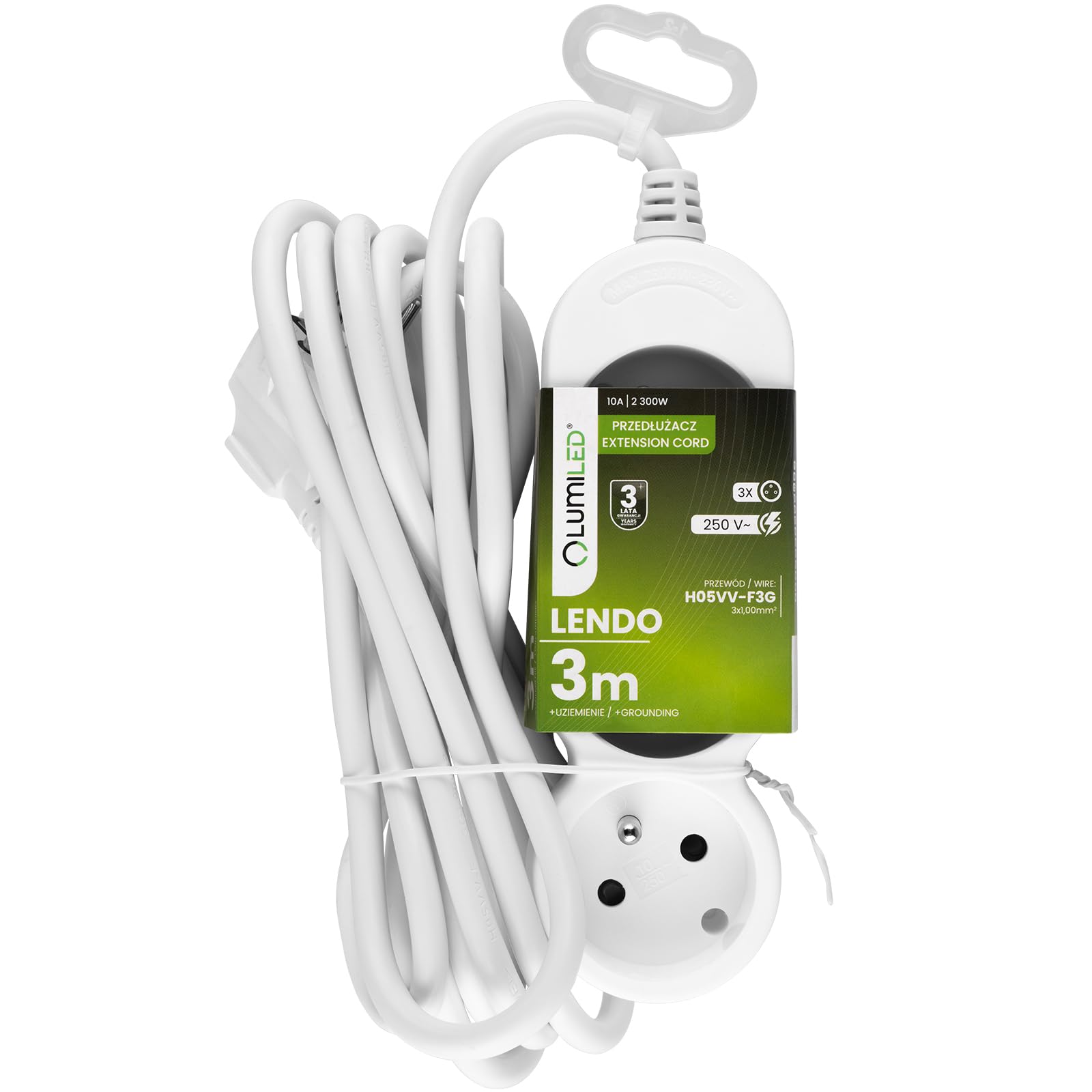 Lumiled listwa zasilająca z 3 gniazdami, kabel 3 m, biały, przewód H05VV-F 3G, wtyczka typu E/F, wielokrotne gniazdo E, 10A 2300W 250V, IP20, uchwyt do zawieszenia