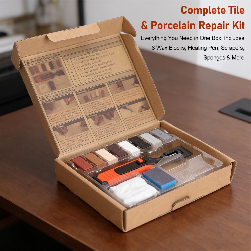 Tile Repair Kit for Porcelain and Tile Ceramic Repair - Fix Cracks, Chips in Bathroom Kitchen Tiles - Includes Electric Heating Pen and Wax 8 Colors Wax Blocks