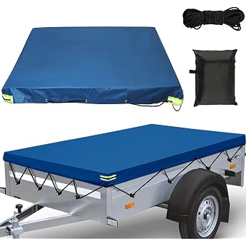 Trailer Tarpaulin Flat Tarpaulin 207 x 114 x 10 cm Tarpaulin for Trailers with 8 M Tarpaulin Rope Reflective Strips Eyelets Reinforced 420 D Oxford Material Waterproof Windproof for Car Trailers Blue