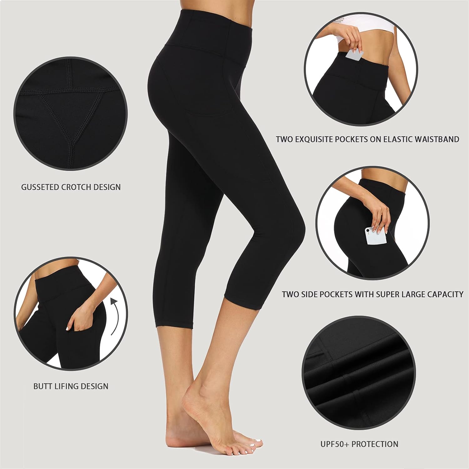 Houmous Women's 4 Out Pockets Capri Leggings 20'' Inseam High Waisted Yoga Pants : Sports & Outdoors