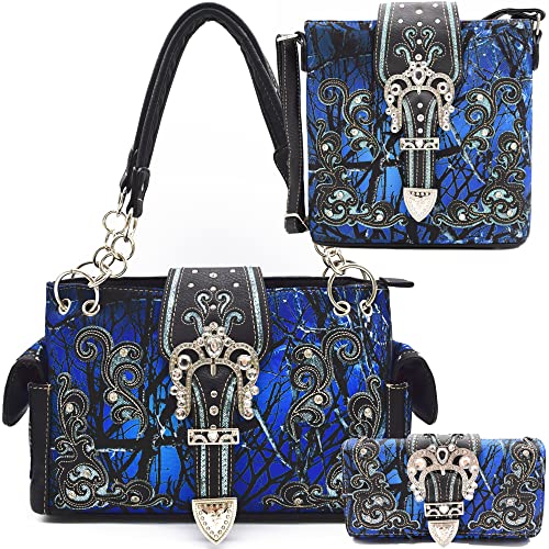 Camouflage Buckle Western Handbag Concealed Carry Purse Women Shoulder Bag Crossbody Wallet Set Blue