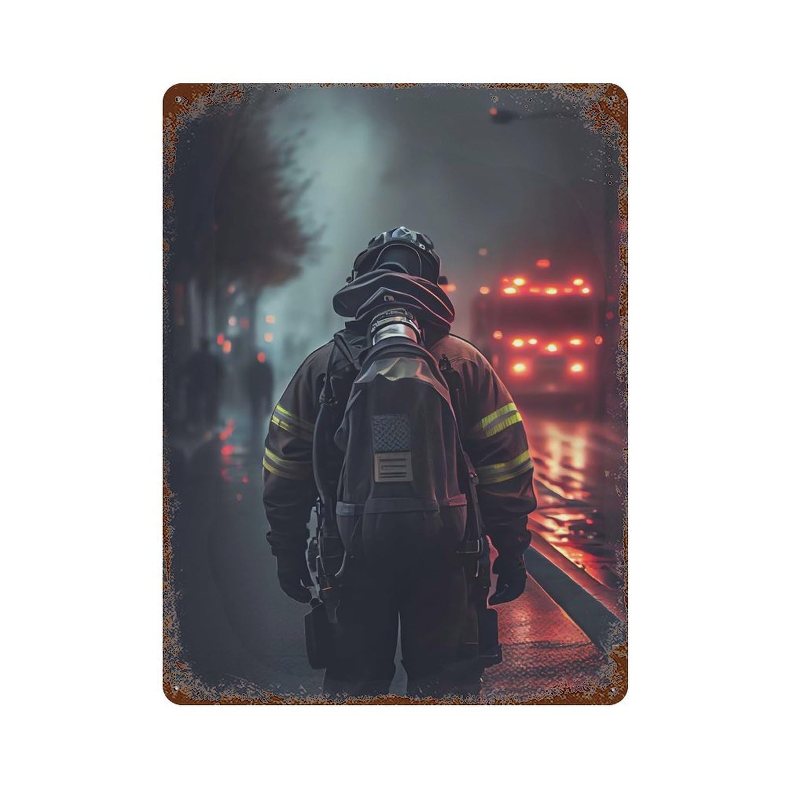 Rust Effect Firefighter Image Weathered Tin Sign 15.7"x11.8", Retro Wall Decor for Garage, Bar And Workshop Decor