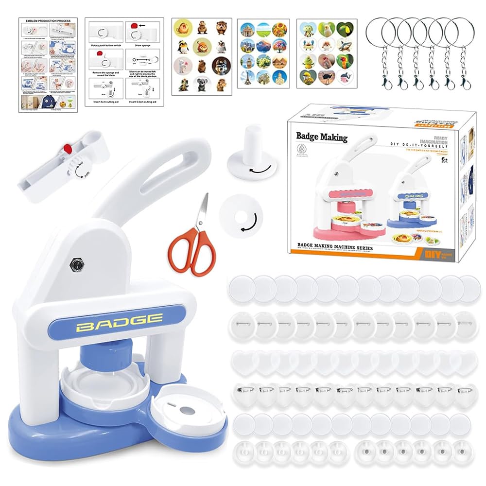 Machine à boutons DIY bleue avec 85 accessoires et coupe-cercle inclus