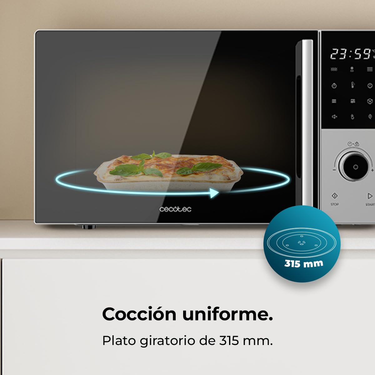 Cecotec Microondas Digital con Grill 25L Proclean 2500. 850W, Grill 1200W, Convección 2200W, 8 Programas, 5 Niveles de Potencia, Plato 315mm, Temporizador 60m, Seguridad Niños, Táctil