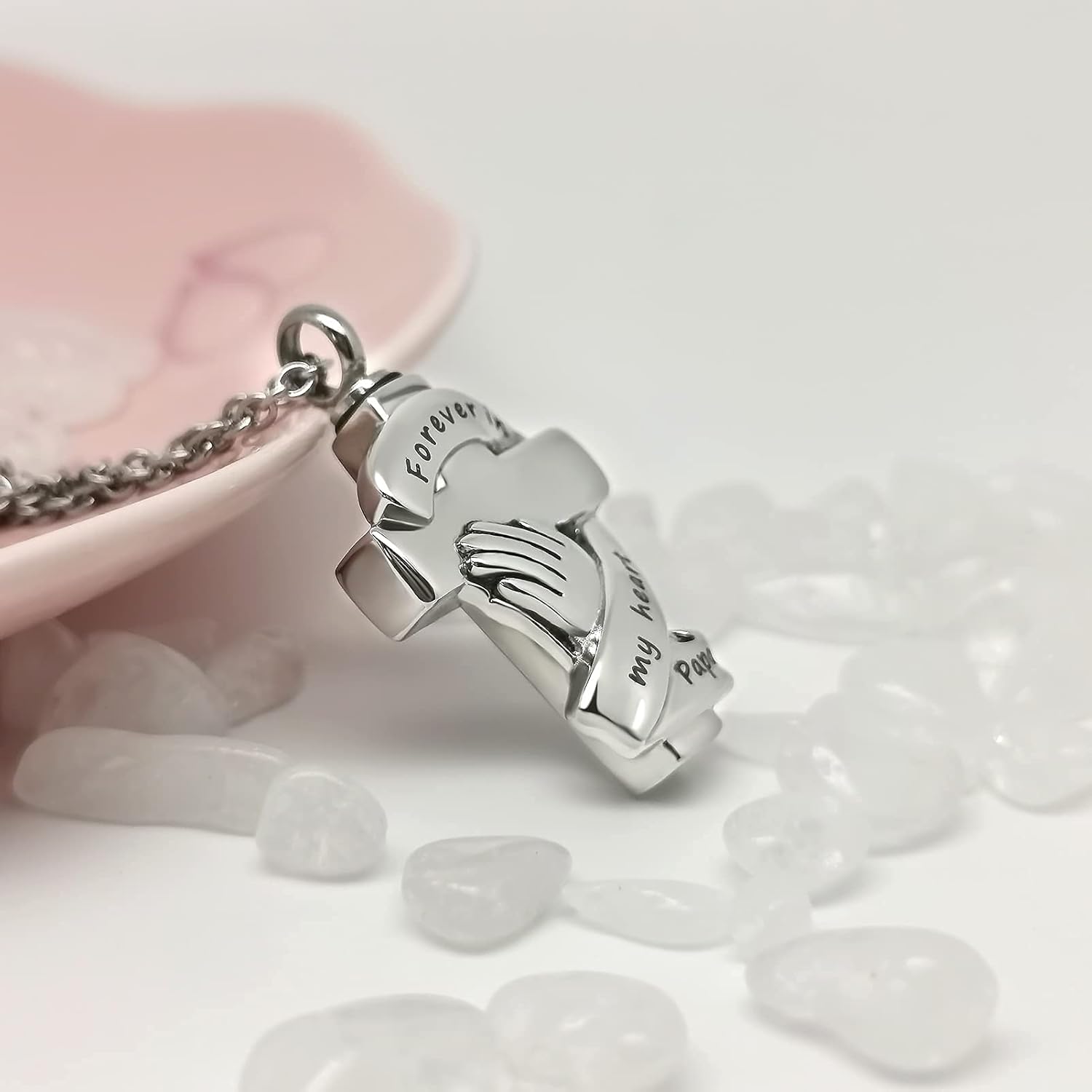 Praying Hands Urn Necklaces for Mom Dad Pet Ashes Crucifix Cremation Keepsake Memorial Pendant Jewelry Forever in My Heart - Image 3