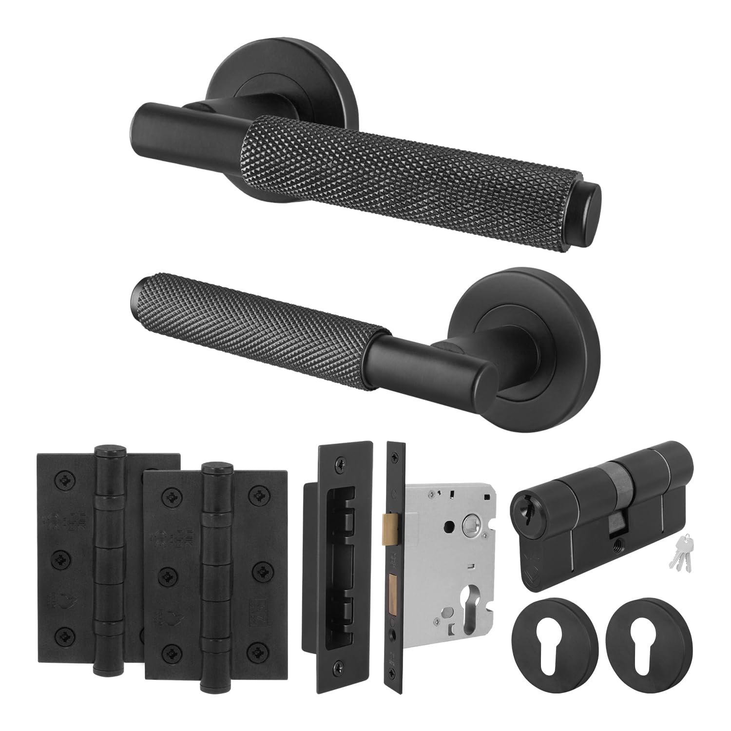 EAI Black Knurled Door Handle Euro Lock Double Cylinder Set, 1 Pair Internal Matt Black Round Rose Door Handles, Locks, Hinges - Dolton