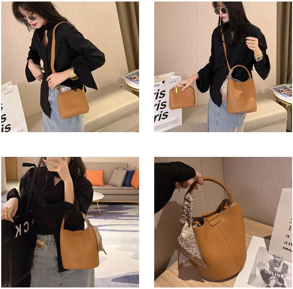 Women's small crossbody bag made of synthetic leather, mini bucket style shoulder bag with scarf, detachable shoulder strap - Image 9