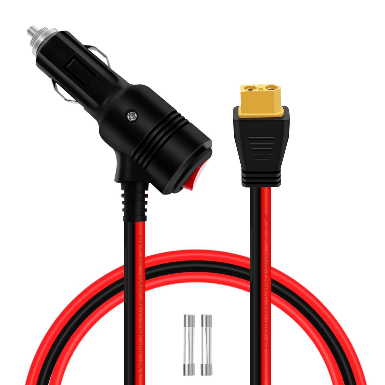 XT60 to Cigarette Plug with Switch 12V 24V Cigarette Lighter to XT60 Cable 14AWG 20A with LED Indicator Lights 2 Spare Fuses for Car, Solar, Motorcycle (9.8FT / 3m)